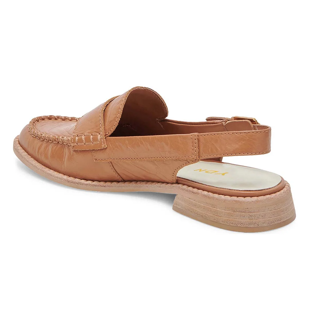 Tan Round Toe Distressed Vegan Leather Flat Slingback Loafers