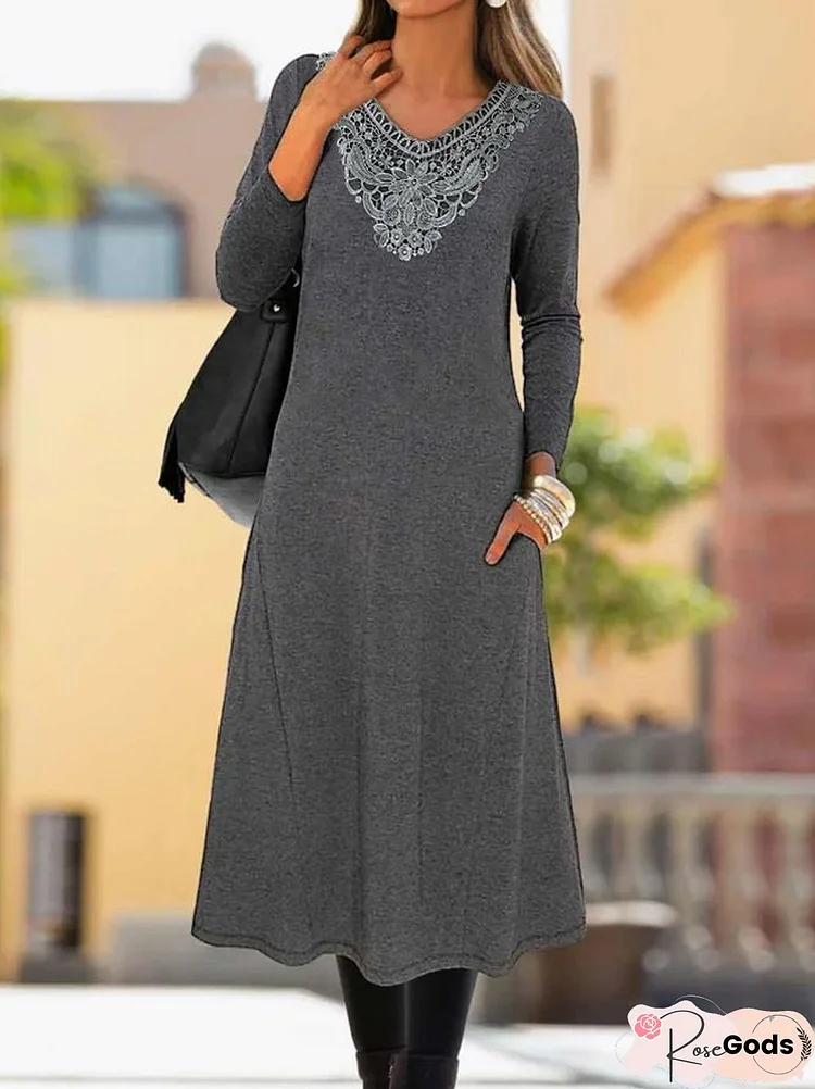 Women Casual Plain Autumn Daily Long Sleeve Crew Neck Cotton-Blend T-Shirt Dress A-Line Dresses