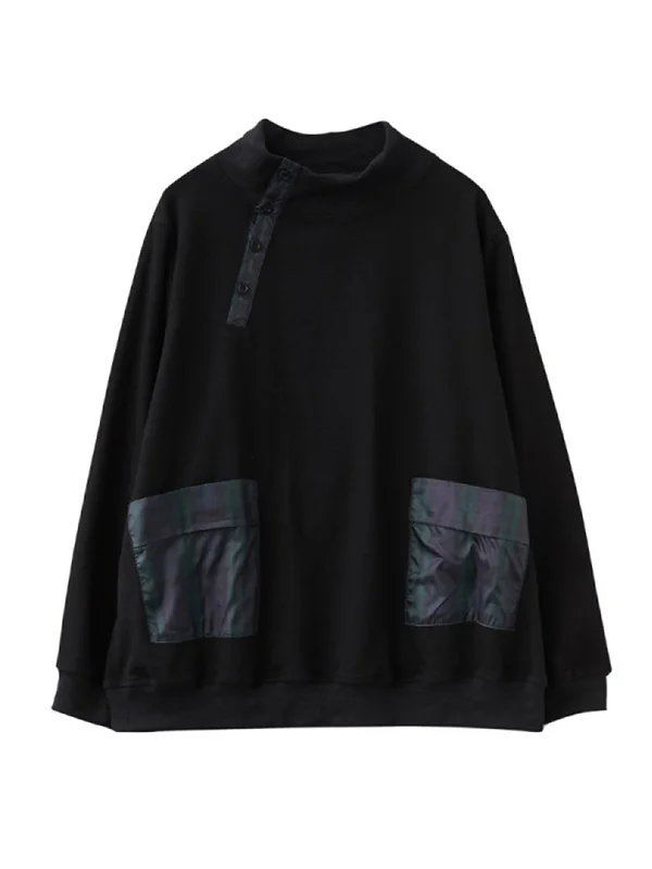 Simple Long Sleeves Loose Split-Joint Solid Color High-Neck Sweatshirt Tops