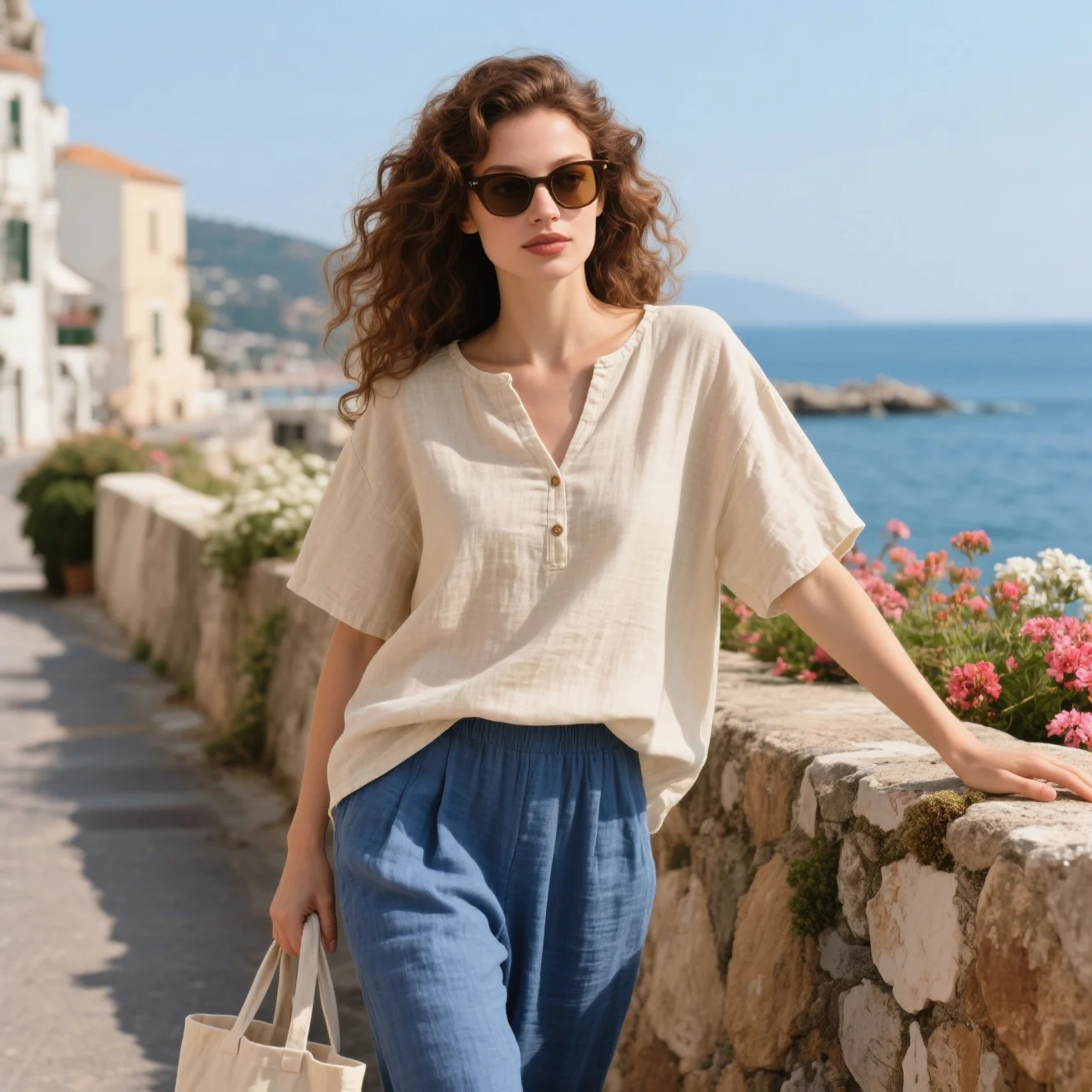 Women's Loose And Comfortable Henry V-neck Short Sleeve Linen Top Daily Basic Home Casual Breathable Top