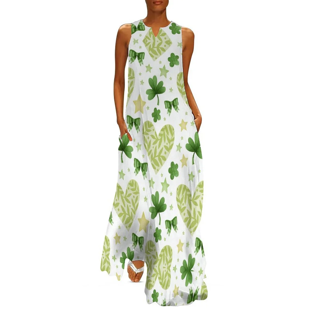 Style & Comfort for Mature Women Plus Size Printed Sleeveless Casual Women Maxi Dress with Pockets in Pattern St. Patrick's Day, Green, Clover, Lucky