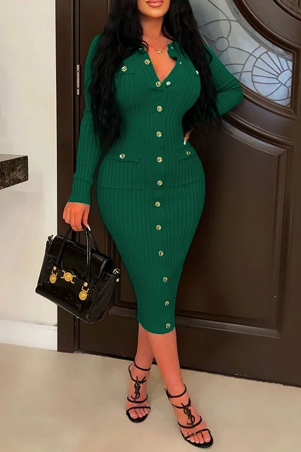 Solid Color Boho Single Breasted Midi Dress