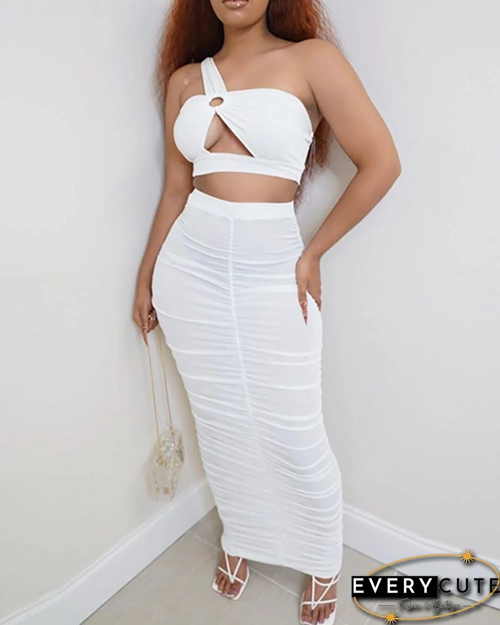 One Shoulder O-Ring Crop Top & Ruched Maxi Skirt Set