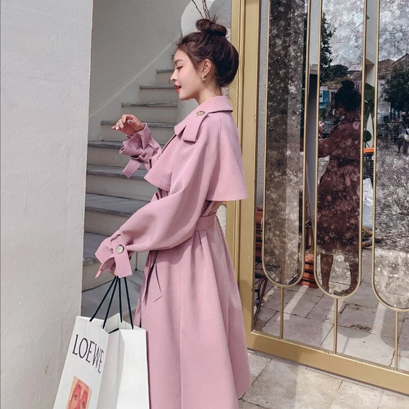 Fashion New Khaki Pink Trench Coat for Women Double-Breasted Long Duster Coat with Belt Lady Windbreaker Spring Autumn Outerwear