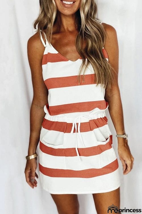 Fashion Lace Up Stripe Sling Vest Dress
