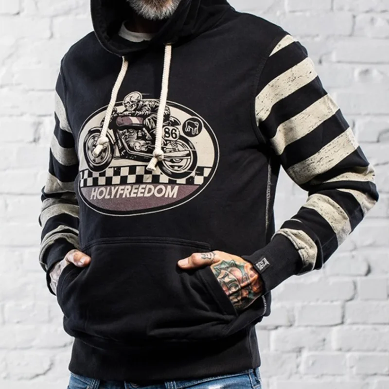 Retro Motorcycle Black and White Stripe Print Hooded Sweatshirt