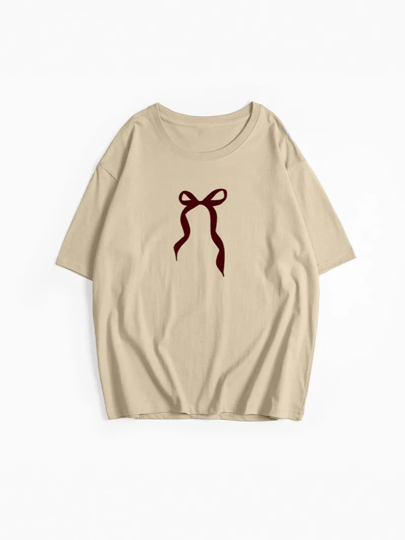 Athvotar Athvotar Sale Of Retro Simple Bow Print T-Shirts For Girls In Summer Loose Round-Neck Pure Cotton Short Sleeves