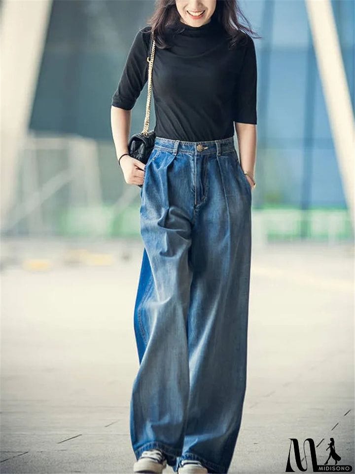 MidiSono - Women's Stitching Stonewashed Effect Wide-Leg Pocket Jeans