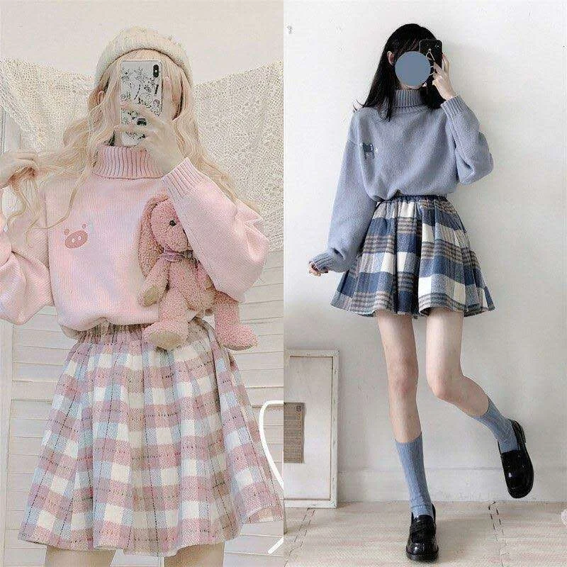Blue/Pink Sweater and Plaid Pleasted Skirt Set SP14839