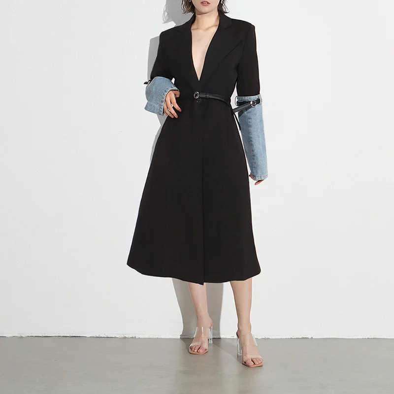 Toloer Toloer Hipster Windbreaker Girl Autumn 2024 New Fashion Suit Collar Long Sleeve Jeans Splicing Long Waist Coat-Outfit Ideas
