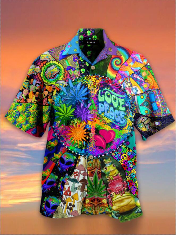Men's Shirt Summer Hawaiian Shirt Graphic Prints Hippie Bus Turndown Light Yellow Blue-Green Black Light Green Purple Casual Hawaiian Short Sleeve Button-Down Print Clothing Apparel Tropical Fashion
