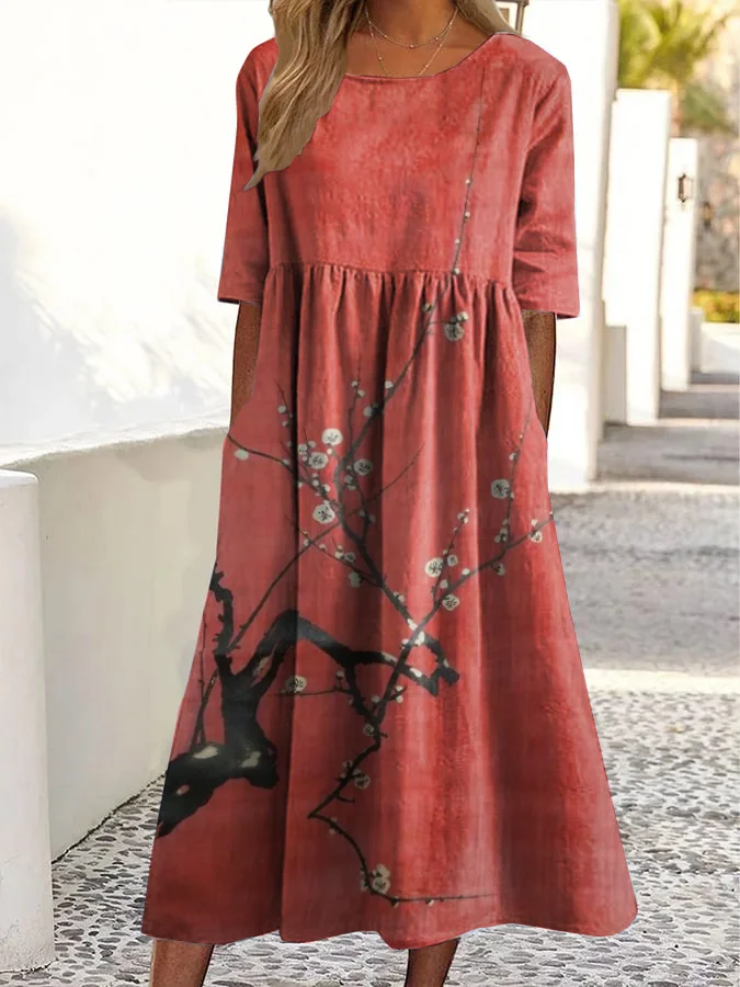 Vintage Plum Blossom Print Round Neck Pocket Midi Dress