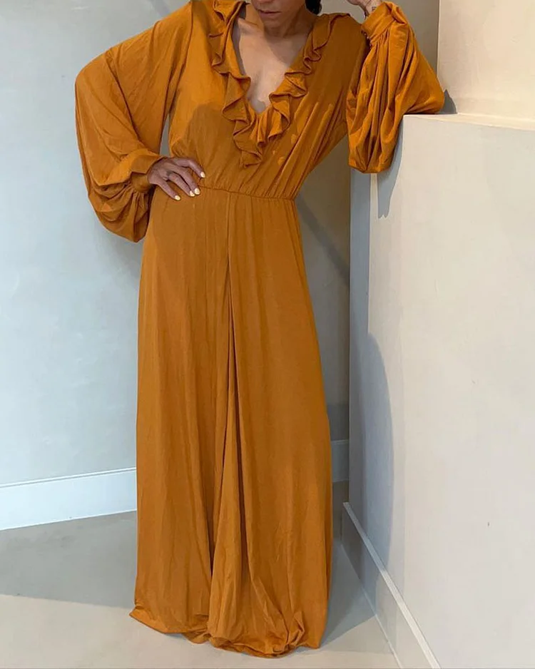 Solid Color Elegant V-Neck Dress