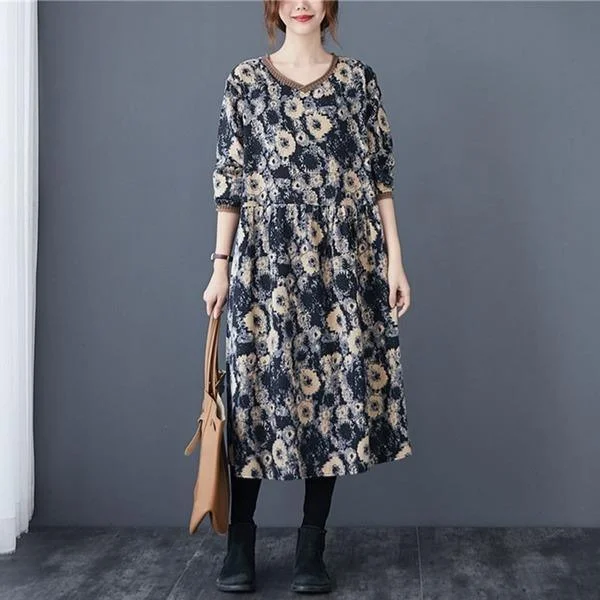 V-neck Floral Print Loose Comfortable Female Long Dresses
