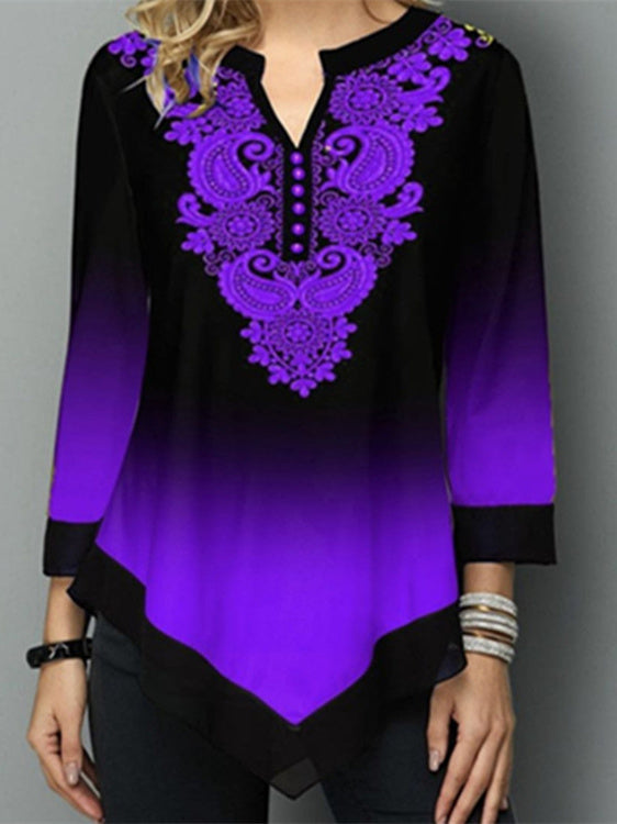 Women Long Sleeve V-neck Graphic Floral Printed Top
