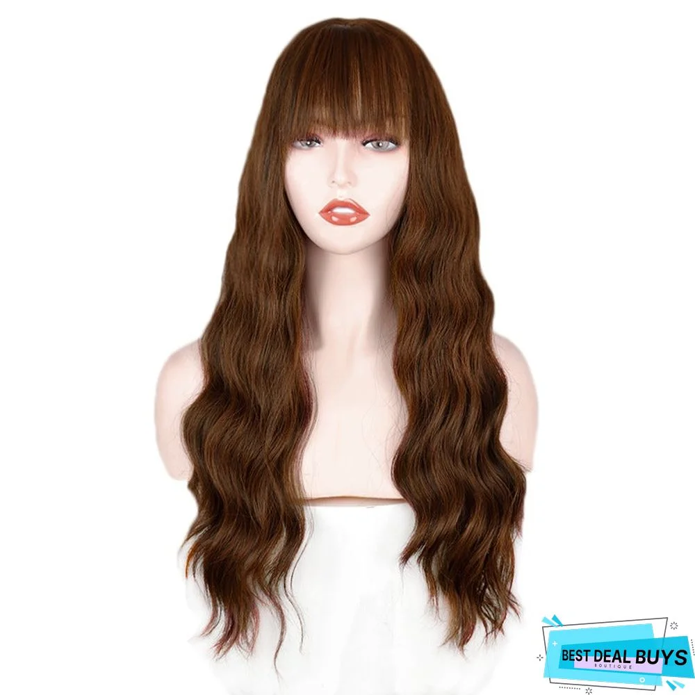 Qi Bangs Long Curly Wavy Chemical Fiber Wig Head Cover