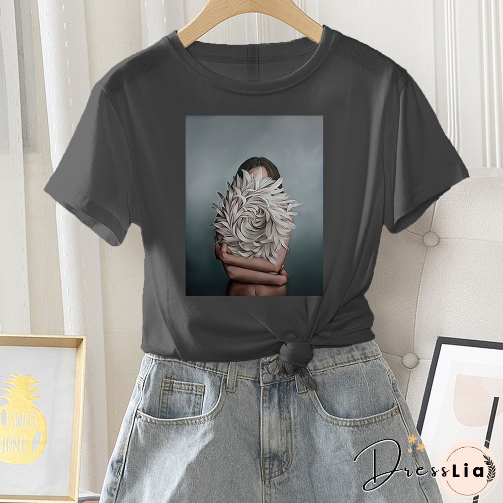 Summer Casual Women T-shirt 100% Cotton Short Sleeve Flower Photo Print Female Graphic Vintage T Shirt Ladies Round Neck Tee Top