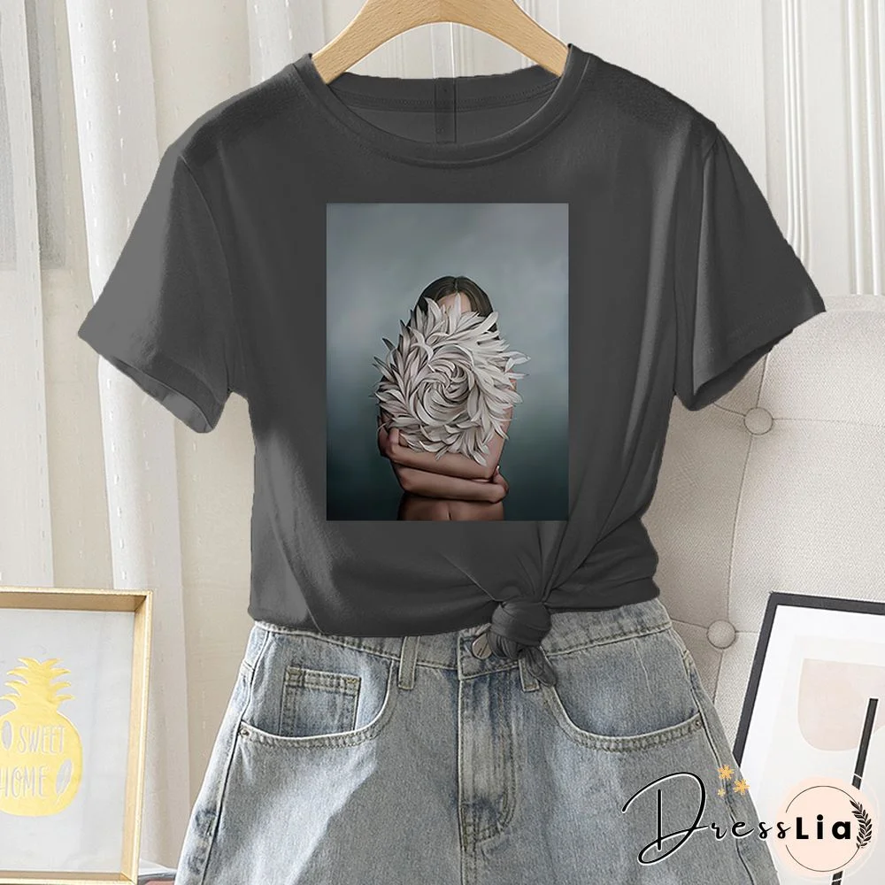Summer Casual Women T-shirt 100% Cotton Short Sleeve Flower Photo Print Female Graphic Vintage T Shirt Ladies Round Neck Tee Top