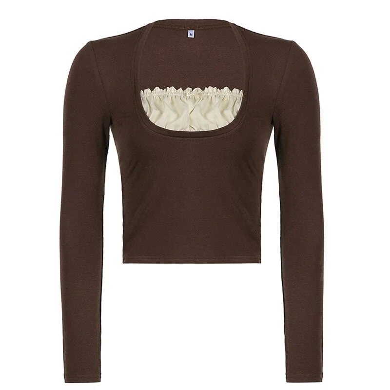 Xingqing Korean Cute Y2K Retro Cotton Tops Lace Patchwork Buttons Kawaii Tshirts Autumn Square Collar Chic Casual Shirts