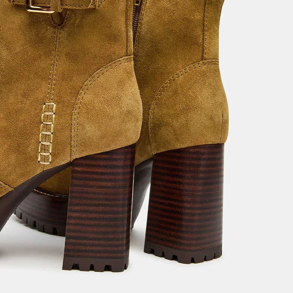 Brown Square Toe Buckle Platform Short Boots for Women with Zipper 