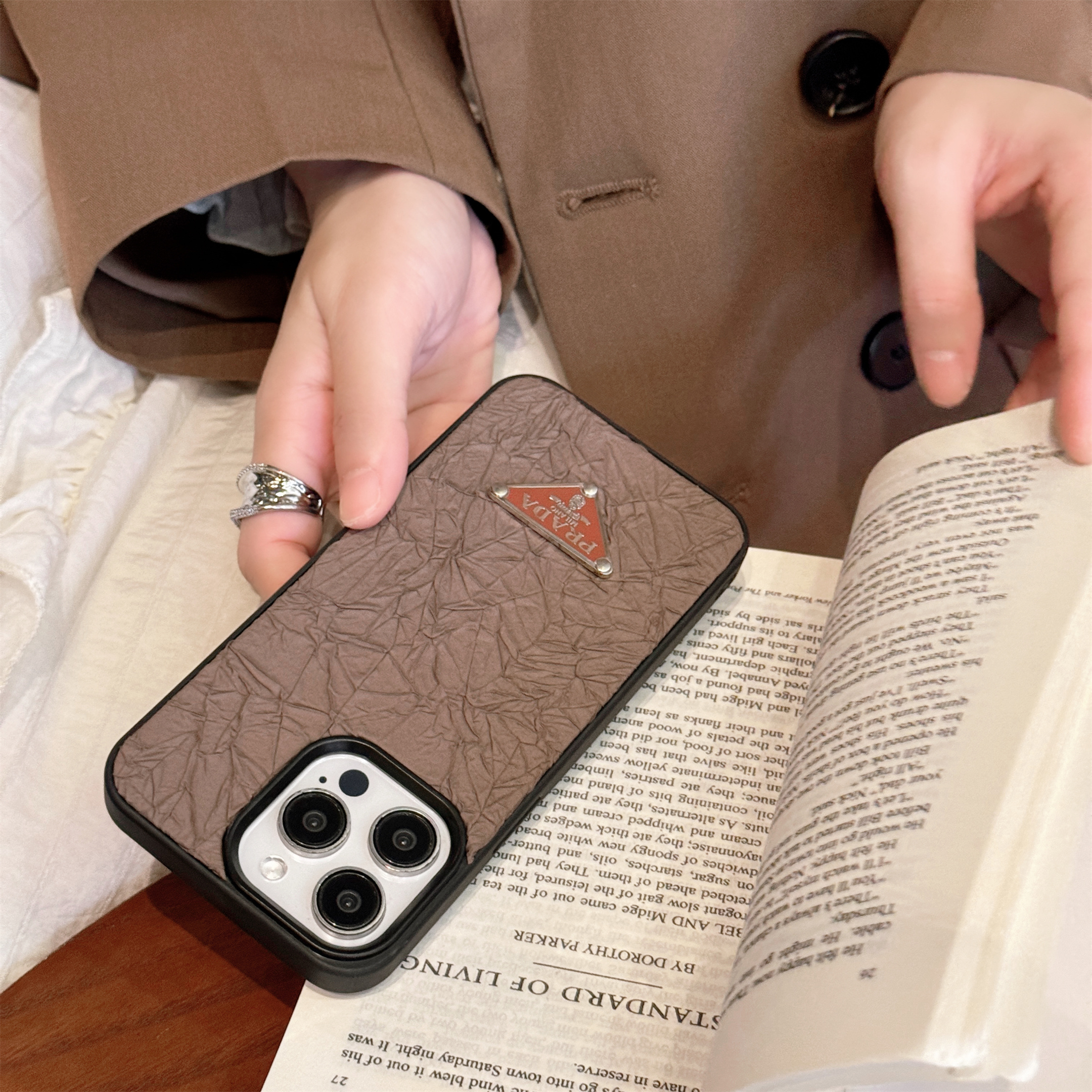 Crafted Prada Classic Logo Leather Back Apple iPhone Case