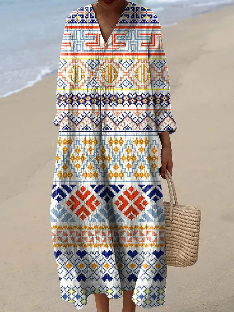 Women's Vintage Geometric Pattern Art Print Cotton Dress