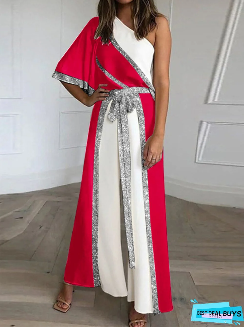 Women's New Fashion Solid Color Diagonal Neck One-Piece Wide Leg Pants