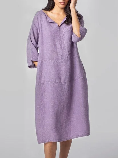 Fashion V-Neck Loose Pocket Mid-Sleeve Mid-Sleeve Cotton Linen Dress