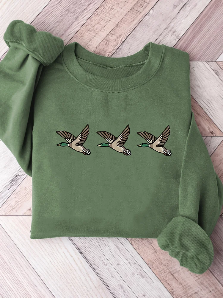 Women's Casual Green Sweatshirt With Print Flying Geese - Crew Neck, Ruffled Cuffs & Hem, Machine Washable - Perfect For Fall/Winter