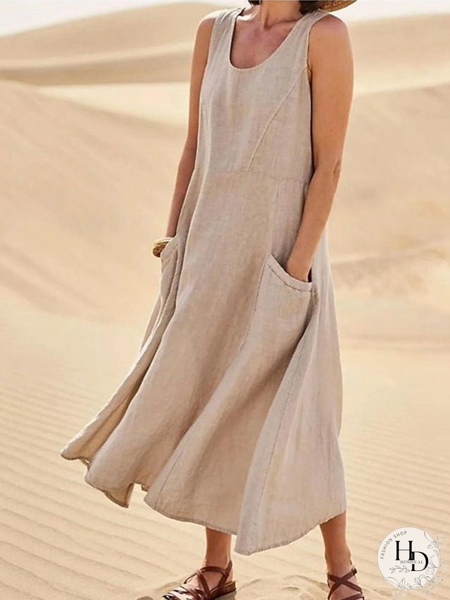 Casual Dress Cotton Dress Shift Dress Midi Dress Blue Pink Khaki Sleeveless Pure Color Pocket Spring Summer Crew Neck Basic Daily Vacation Weekend Loose Fit S M L XL XXL for Women