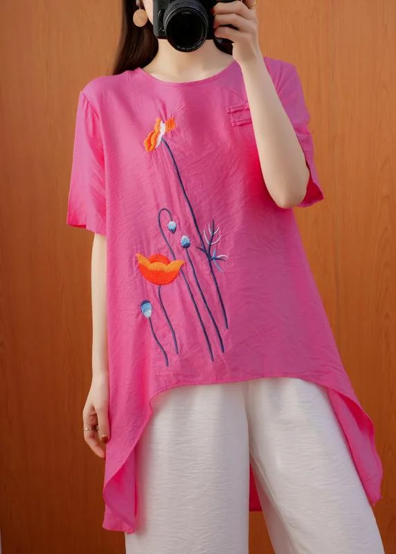 Simple O-Neck Summer Blouse Work Outfits Rose Tops