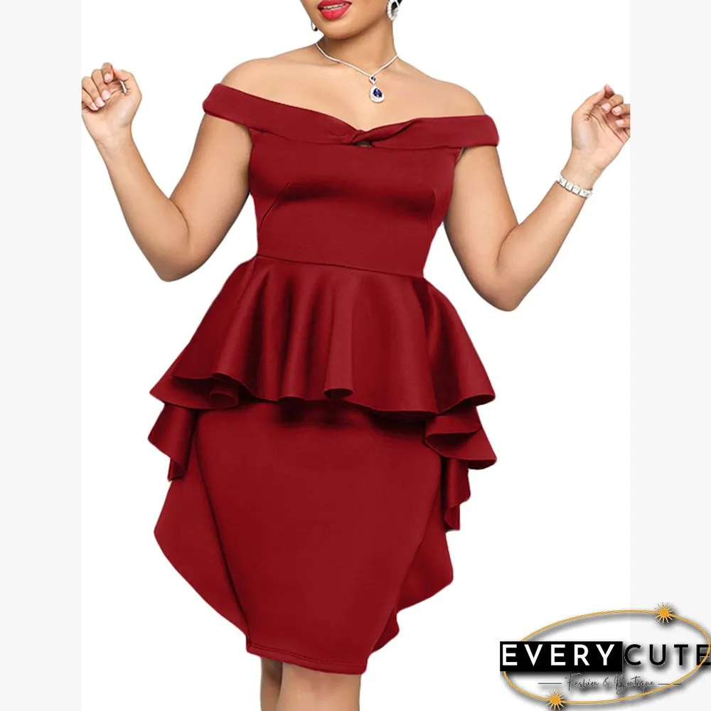 Red Off Shoulder Ruffled Pencil Dress