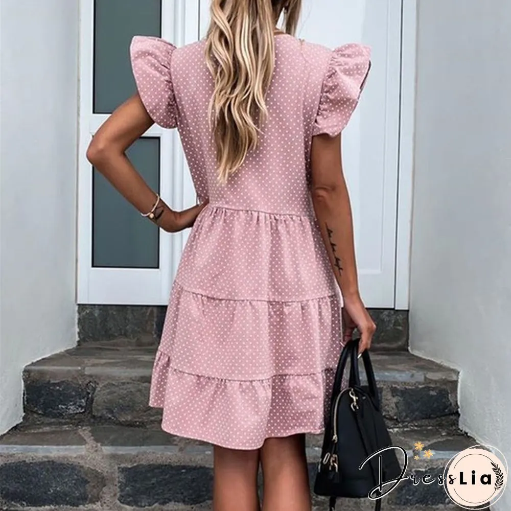 Summer Sundress Women Ruffles Sleeves V-Neck Dot Boho Vest Multi-Layer Connection Hem