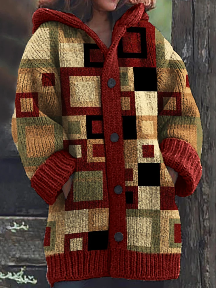 Vintage Geometric Colorblock Cozy Knit Hooded Cardigan