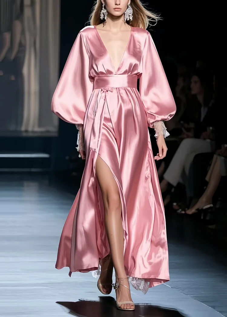 French Pink Exra Large Hem Side Open Silk Party Dresses Spring