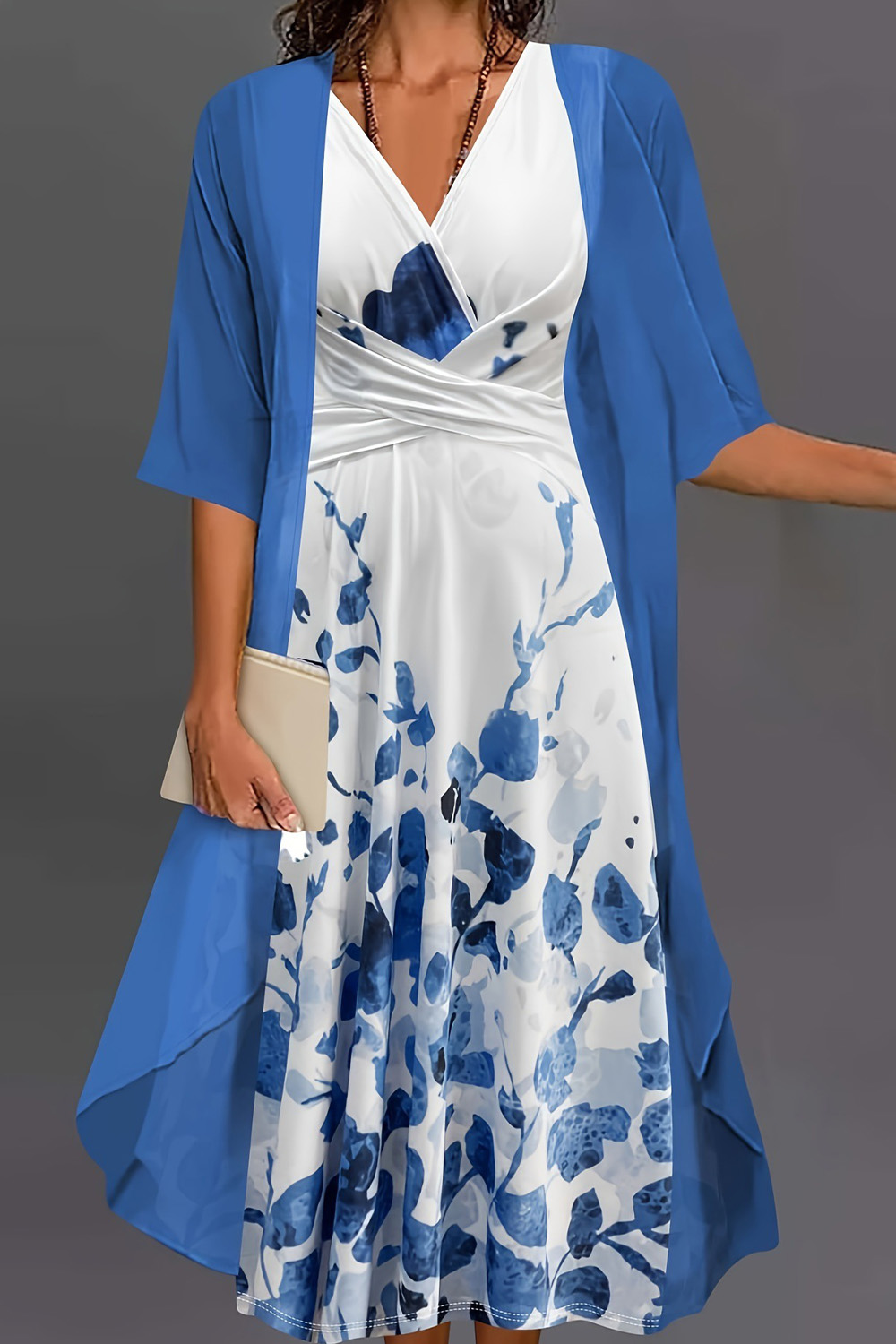 Plus Size Everyday Blue Floral Print Half Sleeve Two Piece Midi Dress With Jacket 2024 - Flycurvy 