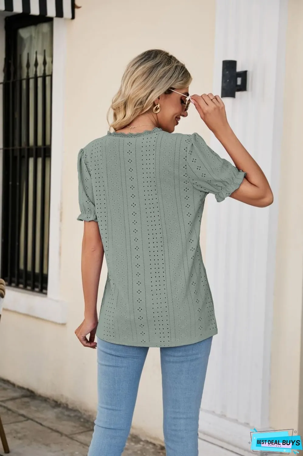 Eyelet Flounce Sleeve Scalloped V-Neck Top