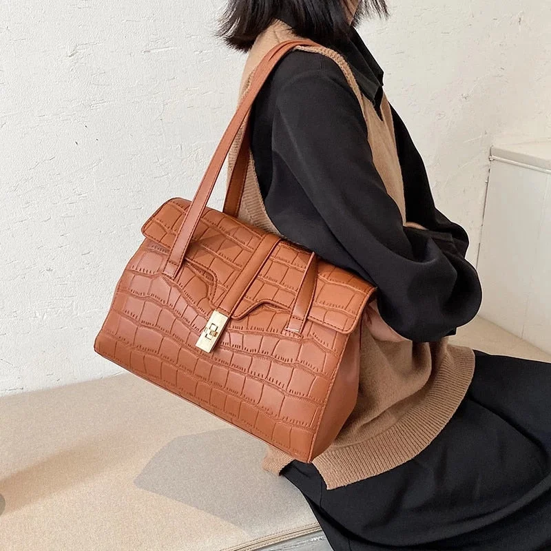 UForever21 Back To School Brand Design Women Handbags Large Capacity Stone Grain Ladies Shoulder Bags Winter 2022 Elegant Designer Female Big Tote Black