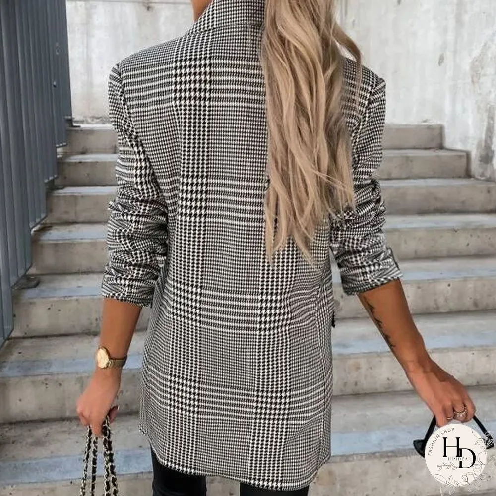 Womens Elegant Commute Street Blazer Fashion Casual Loose Ladies Plaid Print Coat Fall