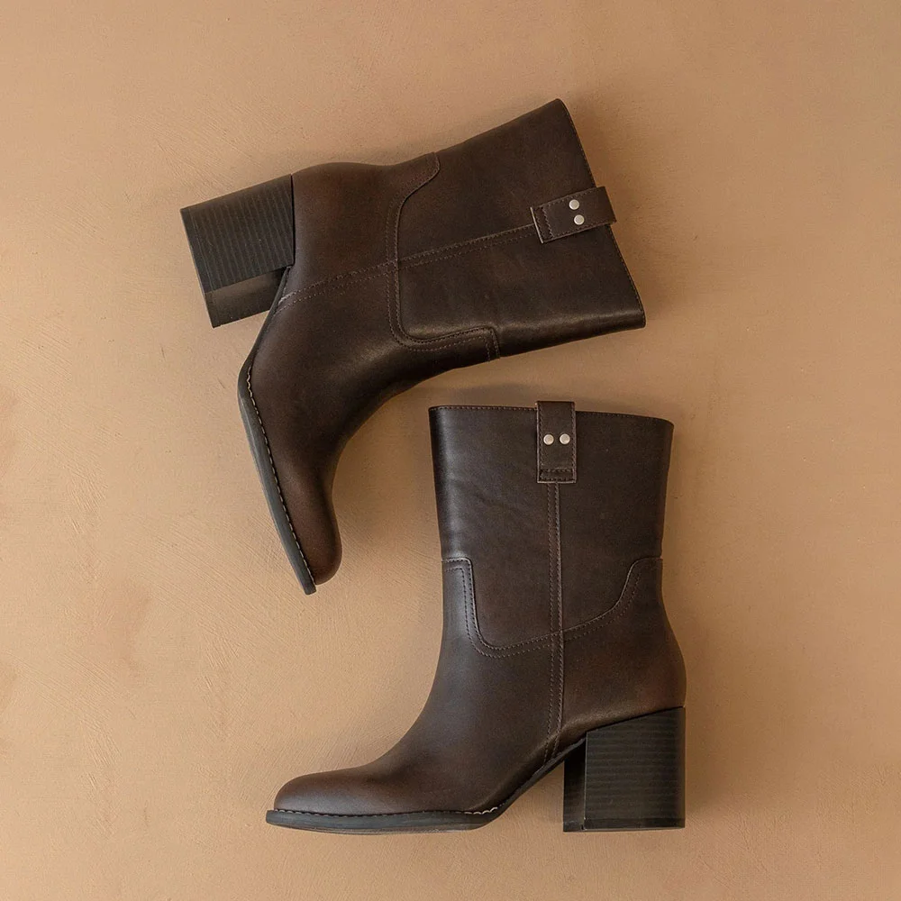 Chocolate Brown Mid Block Heel Round Toe Pull On Ankle Boots for Women