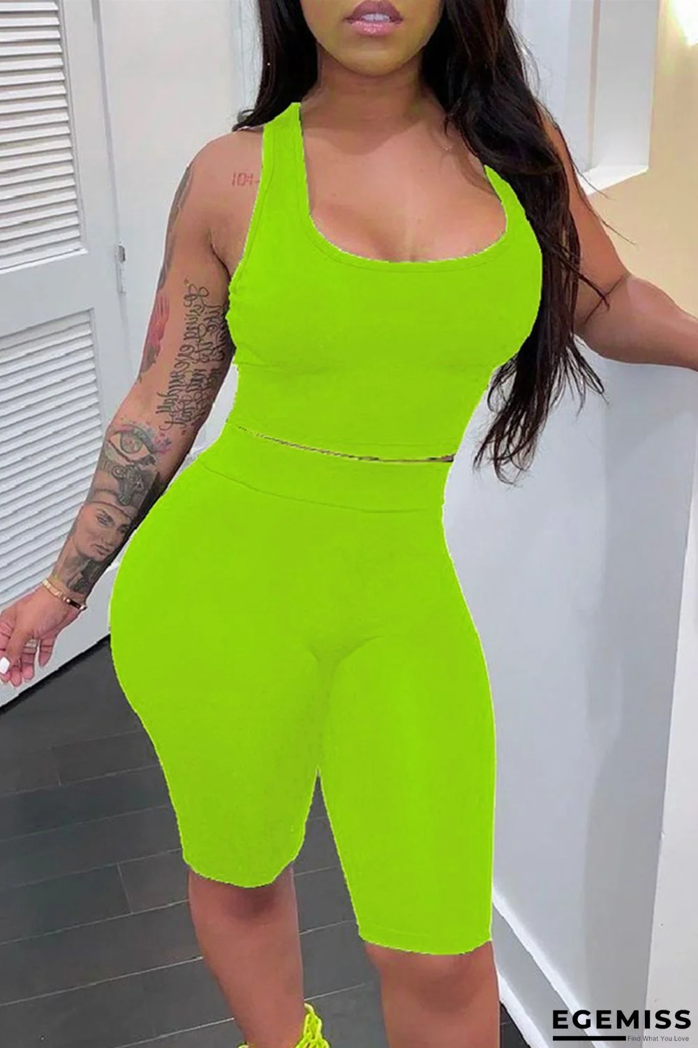 Fluorescent Green Fashion Casual Solid Basic U Neck Sleeveless Two Pieces | EGEMISS