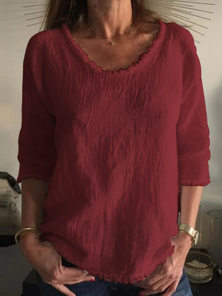 Round Neck Long Sleeve Cotton T-Shirt Fringe Top