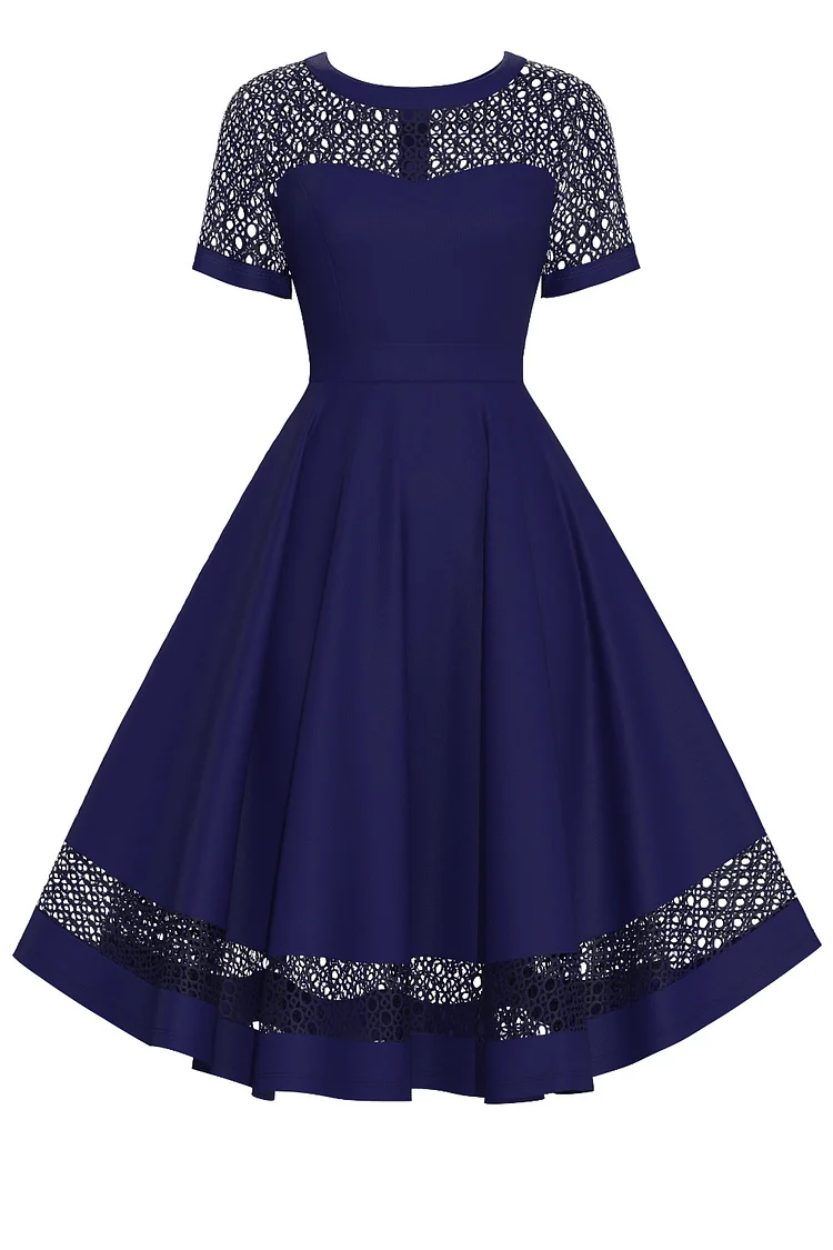 1950s Navy Blue Formal Fitted Waist Lace Double Layer Patchwork A-line Swing Midi Dress [In Stock]