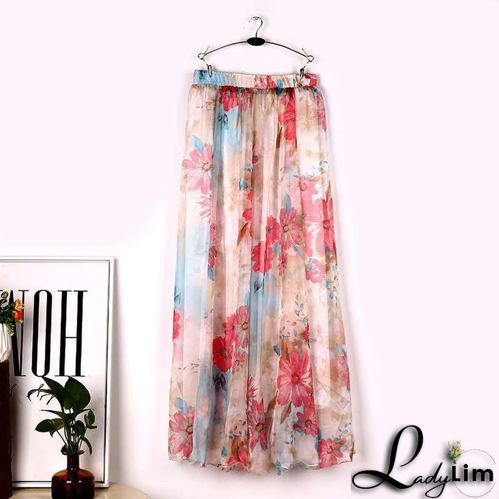 Drooping chiffon skirt, sweet style printed skirt, spring and summer ladies beach skirt