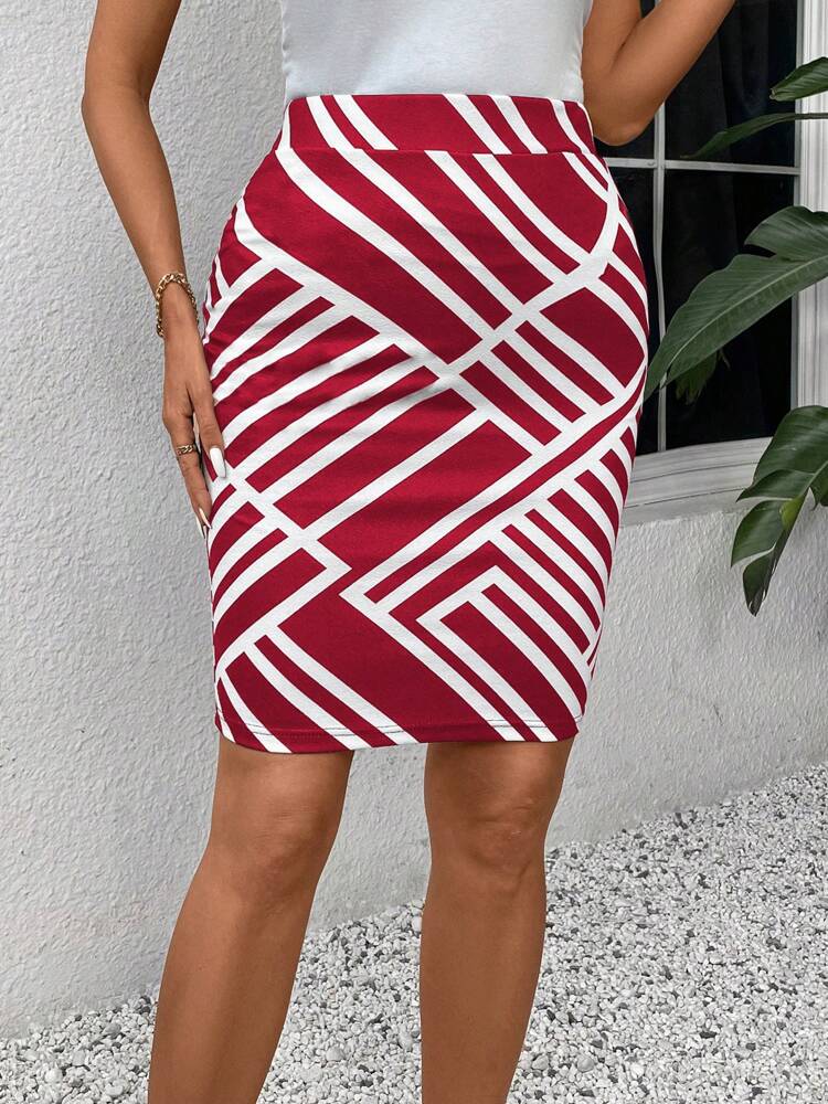Women's Summer Contrast Color Pattern Print Pencil Skirt
