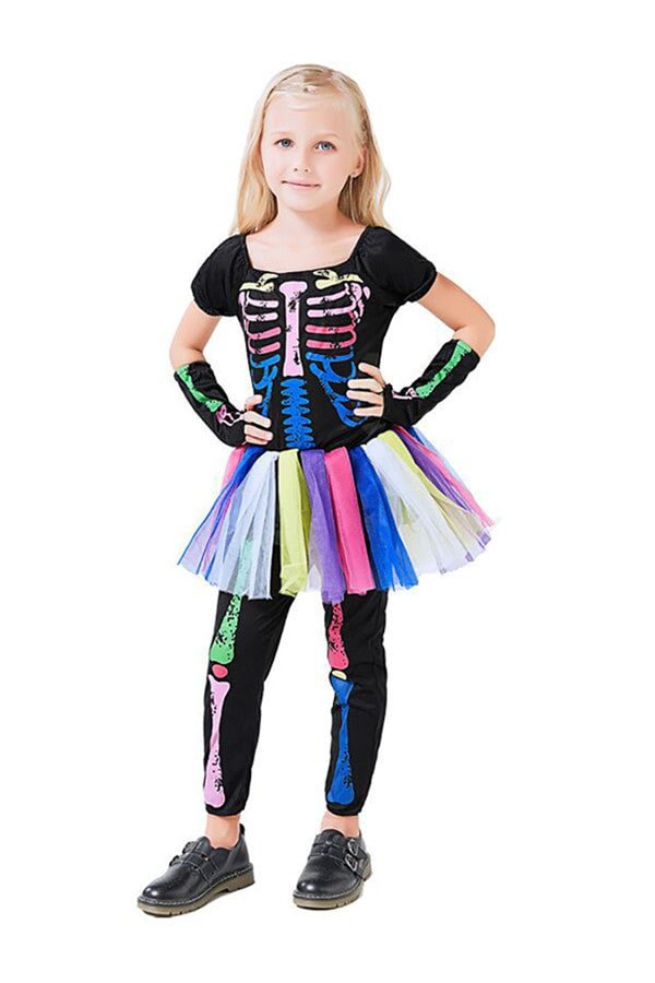 Halloween Dress Girls Kids Neon Skeleton Costume Multicolour-elleschic