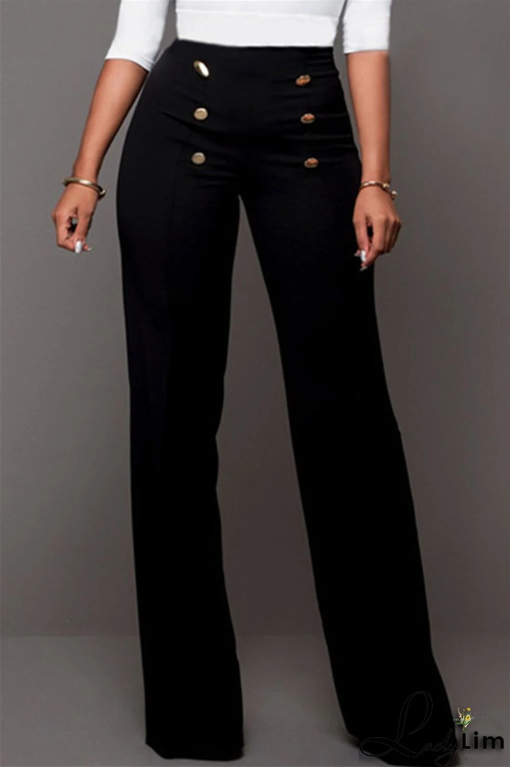 Black Fashion Casual Solid Patchwork Regular High Waist Trousers