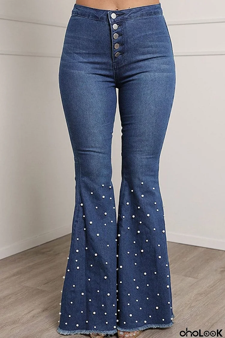 Casual Street Solid Patchwork Beading High Waist Boot Cut Denim Jeans