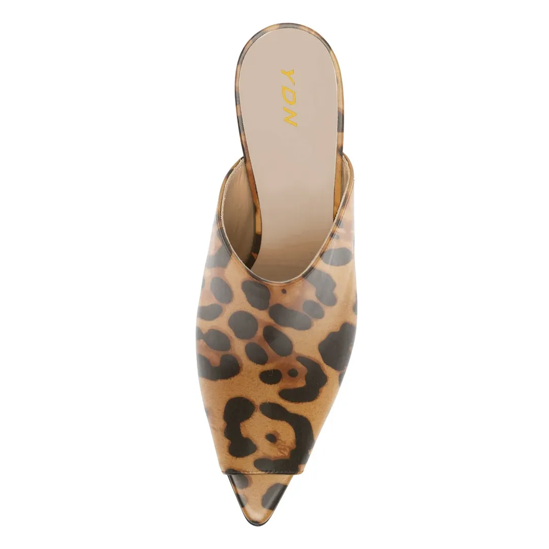 Brown & Black Faux Leather Peep Toe High Heel Mules with Leopard Print