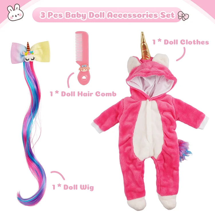 [90Days Lowest Price]17"-22" Pink Unicorn Pajama Set Reborn Baby Accessories 3-Pieces Set